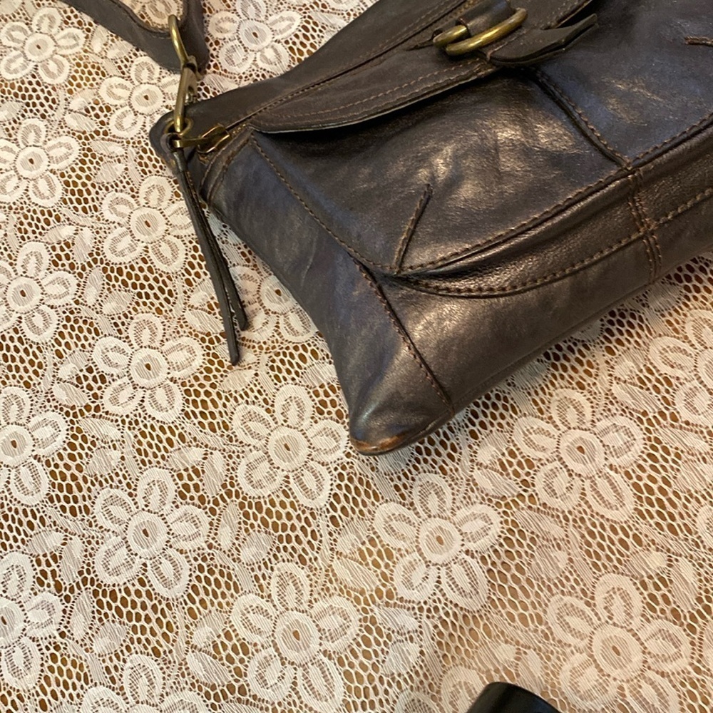 Fossil Leather Grey Rustic Crossbody Shoulder Bag Purse ~ Brass Hardware - Picture 14 of 14